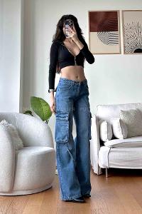 Blue Cotton High Waist Denim Pants