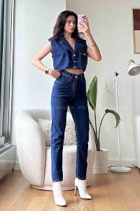 Dark Blue Scoop Neck Long Arm Without Accessories Cotton Fabric Regular Trousers Comfortable Suit