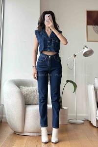 Dark Blue Scoop Neck Long Arm Without Accessories Cotton Fabric Regular Trousers Comfortable Suit