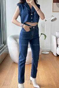 Dark Blue Scoop Neck Long Arm Without Accessories Cotton Fabric Regular Trousers Comfortable Suit