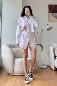 White Scoop Neck Long Arm Without Accessories Cotton Fabric Regular Trousers Comfortable Suit