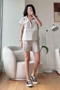 Gray Scoop Neck Long Arm Without Accessories Cotton Fabric Regular Trousers Comfortable Suit