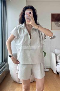 Gray Scoop Neck Long Arm Without Accessories Cotton Fabric Regular Trousers Comfortable Suit