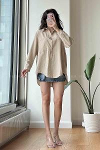 Beige Shirt Collar Long Arm Cotton Fabric Unprinted Shirt