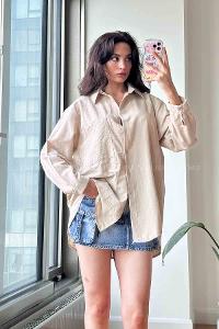 Beige Shirt Collar Long Arm Cotton Fabric Unprinted Shirt