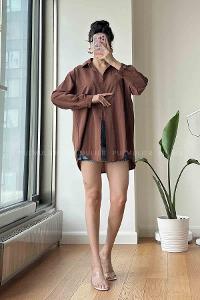Brown Shirt Collar Long Arm Cotton Fabric Unprinted Shirt