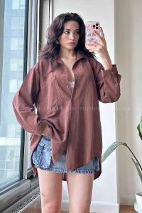 Brown Shirt Collar Long Arm Cotton Fabric Unprinted Shirt