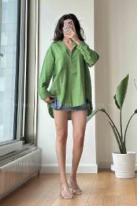 Green Shirt Collar Long Arm Cotton Fabric Unprinted Shirt