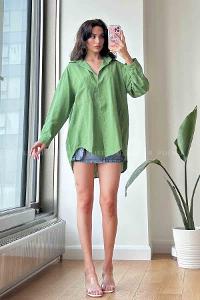Green Shirt Collar Long Arm Cotton Fabric Unprinted Shirt