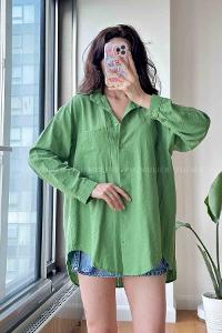 Green Shirt Collar Long Arm Cotton Fabric Unprinted Shirt