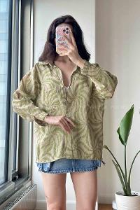 Green Shirt Collar Long Arm Cotton Fabric Unprinted Shirt