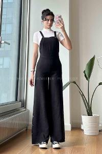 Black Shirt Collar Denim Unprinted Overalls