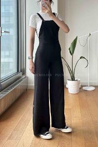 Black Shirt Collar Denim Unprinted Overalls