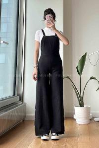 Black Shirt Collar Denim Unprinted Overalls