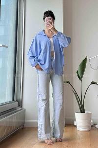 Blue Shirt Collar Long Arm Cotton Fabric Unprinted Shirt