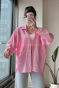 Pink Shirt Collar Long Arm Cotton Fabric Unprinted Shirt