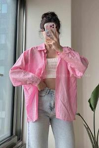 Pink Shirt Collar Long Arm Cotton Fabric Unprinted Shirt