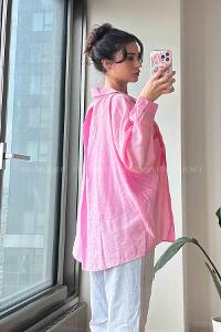 Pink Shirt Collar Long Arm Cotton Fabric Unprinted Shirt