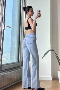 Ice Blue Cotton High Waist Denim Pants