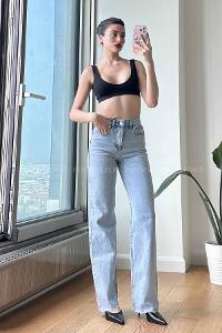 Ice Blue Cotton High Waist Denim Pants