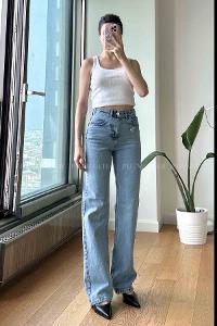 Ice Blue Cotton High Waist Denim Pants