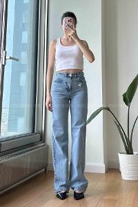 Ice Blue Cotton High Waist Denim Pants