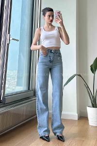 Ice Blue Cotton High Waist Denim Pants