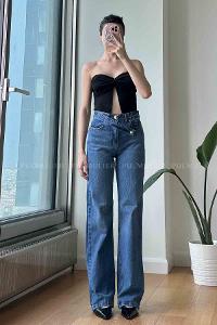 Blue Cotton High Waist Denim Pants