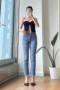 Light Blue Cotton High Waist Denim Pants