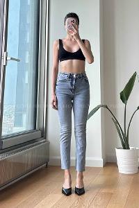 Ice Blue Cotton High Waist Denim Pants