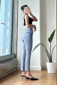 Ice Blue Cotton High Waist Denim Pants