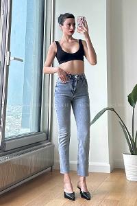 Ice Blue Cotton High Waist Denim Pants