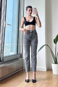 Smoked Cotton High Waist Denim Pants