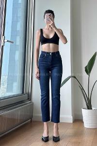 Dark Blue Cotton High Waist Denim Pants