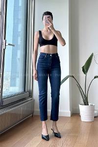 Dark Blue Cotton High Waist Denim Pants