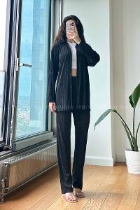 Black Shirt Collar Long Arm Without Accessories Cotton Fabric Regular Trousers Comfortable Suit