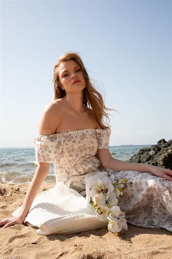 Cream Pool Neck Combed Fabric Unprinted Dresess