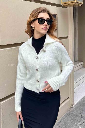 White Turtle Neck Long Arm Sandy Fabric Cardigan