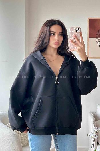 Black Zippered Neck Long Arm Unprinted Sweatshirt