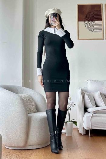 Black Scope Neck Knitwear Unprinted Dresess