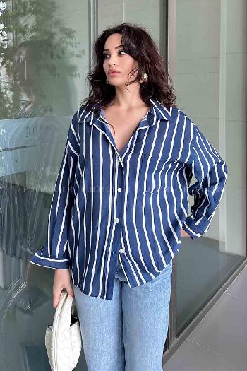 Indigo Shirt Collar Long Arm Cotton Fabric Unprinted Shirt