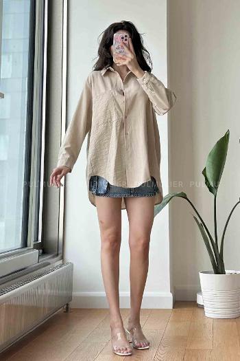Beige Shirt Collar Long Arm Cotton Fabric Unprinted Shirt
