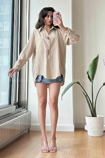 Beige Shirt Collar Long Arm Cotton Fabric Unprinted Shirt