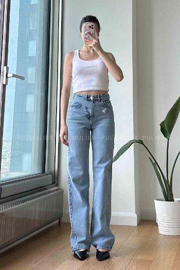 Ice Blue Cotton High Waist Denim Pants