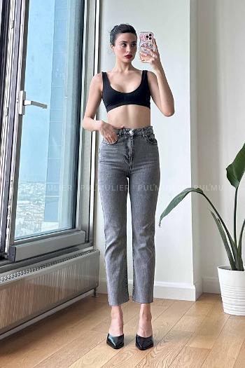 Smoked Cotton High Waist Denim Pants