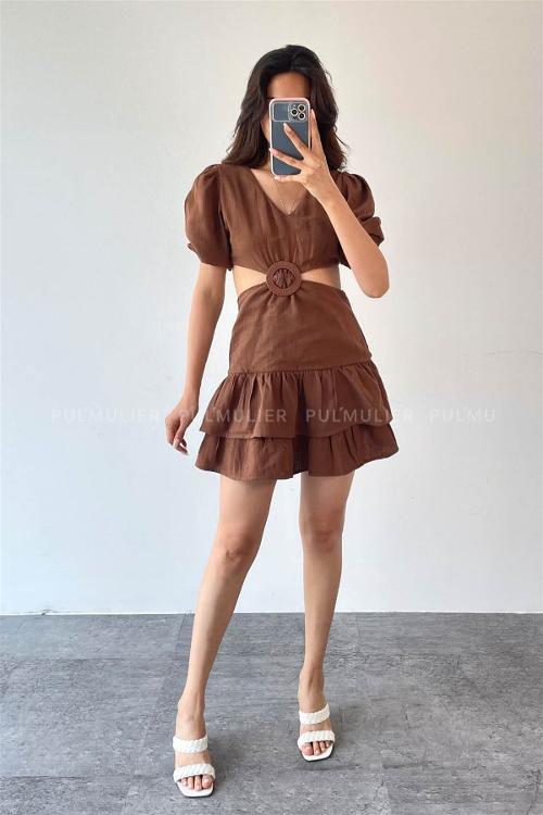 Brown Pool Neck Combed Fabric Unprinted Dresess