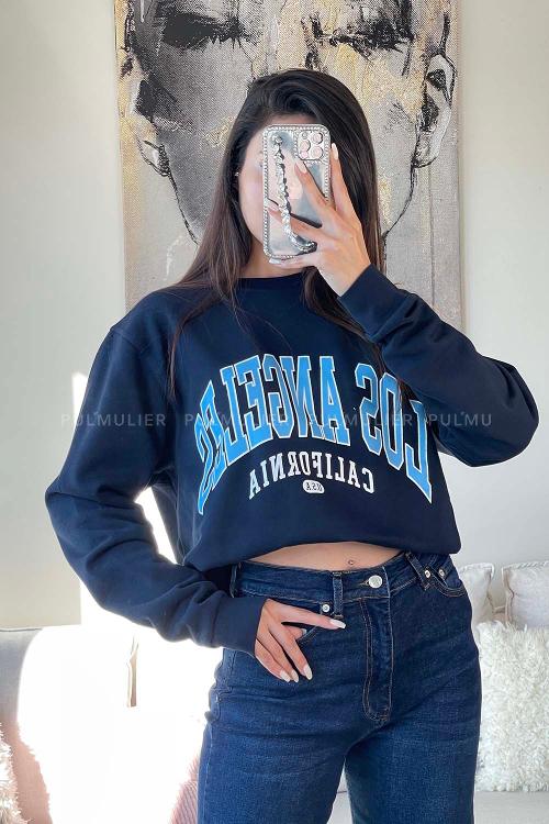 Navy Blue Crew Neck Long Arm Printed Sweatshirt