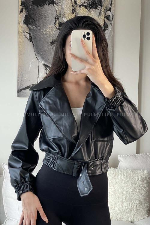 Black Shirt Collar Long Arm Skin Jacket