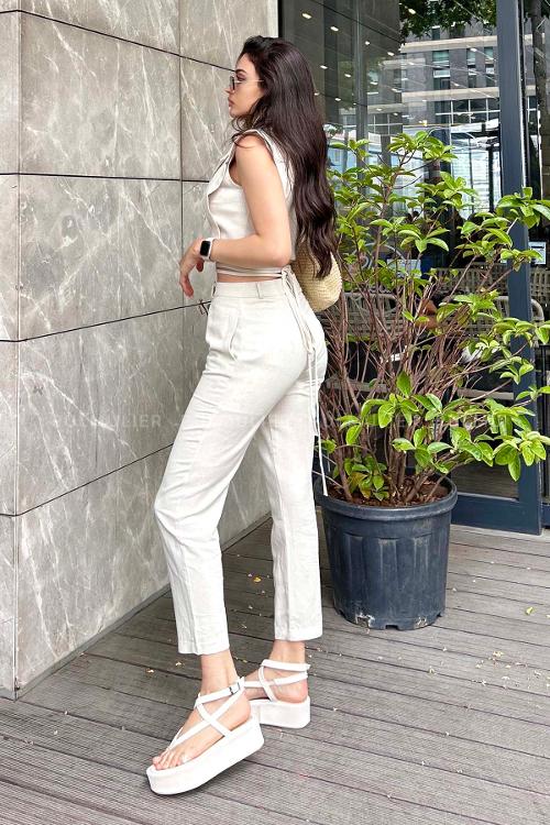 Stone Crew Neck Sleeveless Arm Buckle Linen Narrow Leg Linen Suit
