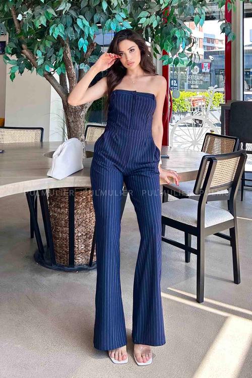 Navy Blue Shirt Collar Denim Unprinted Overalls